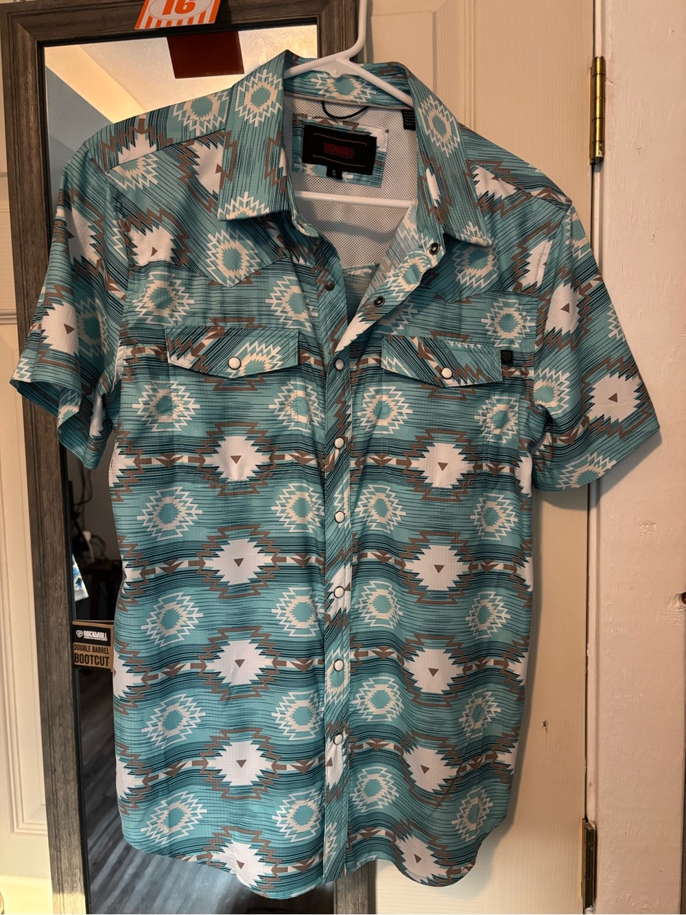 Short-Sleeve Aztec Print Button-Down Shirt - Teal